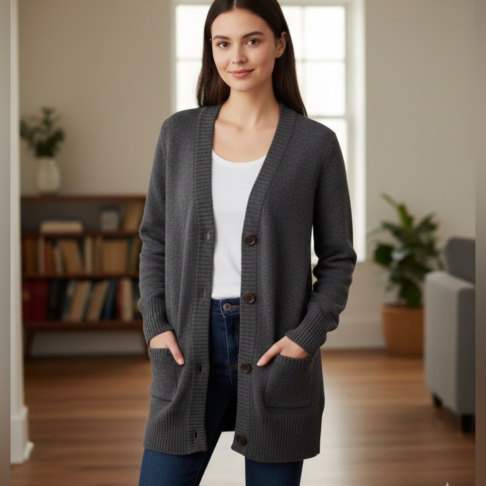 Eddie Bauer Dark Grey Dense 4-Ply 100% Merino Wool Button Front Cardigan Size S